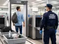 Na lotnisku mężczyzna z plecakiem przechodzi kontrolę bezpieczeństwa. W tacce leżą przedmioty, w tym butelka wody i potencjalnie **nożyczki w bagażu podręcznym**, które mogą wzbudzić zainteresowanie ochrony.