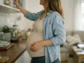 Ciężarna kobieta sięga po coś z górnej półki. Podnoszenie rąk w ciąży bywa wyzwaniem, ale mama daje radę!