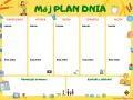 Przykładowy plan dnia dziecka w wieku szkolnym z miejscem na lekcje, czas wolny, obowiązki domowe i kontakt z bliskimi.