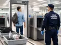 Przejście przez bramki na lotnisku. Mężczyzna z plecakiem idzie do kontroli bezpieczeństwa, a pracownik lotniska w mundurze nadzoruje proces.