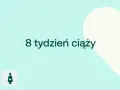 8 tydzień ciąży. Delikatne tło z sercem i ikonami D+ oraz kobiety w ciąży.