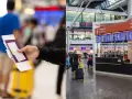 Ręka trzyma paszport i kartę pokładową przed stanowiskiem odprawy paszportowej na lotnisku.