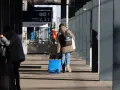 Osoba z plecakiem ciągnie niebieską, intercity dużą walizkę po peronie.