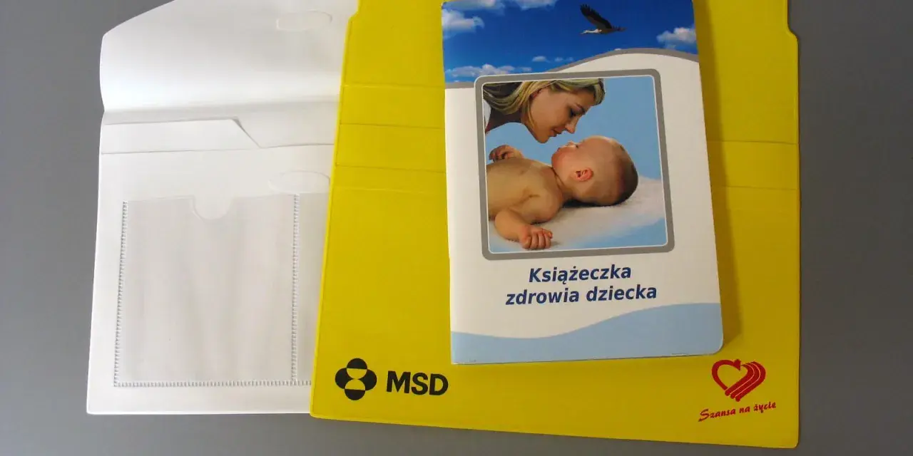 Żółta teczka na dokumenty dziecka z książeczką zdrowia.