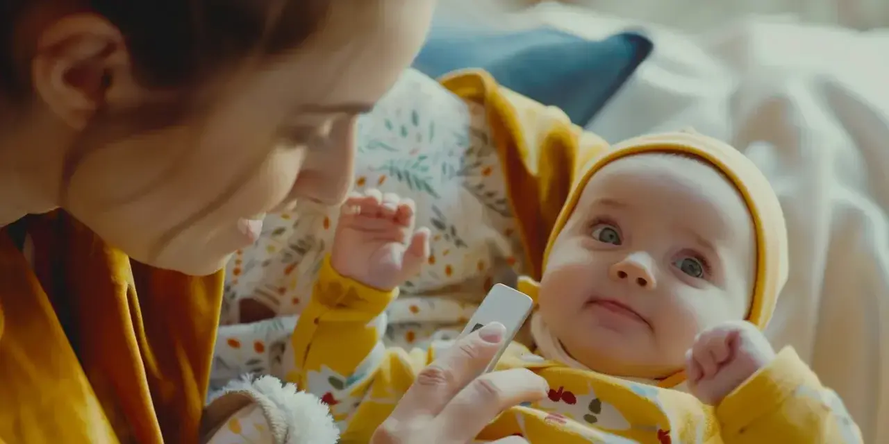 Mama sprawdza, czy niemowlaka nie dopadła gorączka. Dziecko w żółtym ubranku patrzy z zaciekawieniem na termometr.