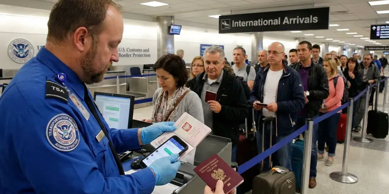 Kolejka do odprawy celnej na lotnisku. Agent TSA sprawdza dokumenty podróżnych.