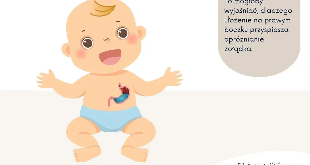 Uśmiechnięte niemowlę z widocznym żołądkiem. Tekst sugeruje, że ułożenie na prawym boczku może pomóc przy refluksie utajonym u niemowląt objawy.