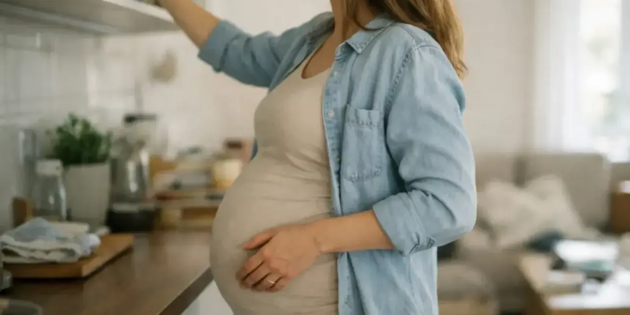 Ciężarna kobieta sięga po coś z górnej półki. Podnoszenie rąk w ciąży bywa wyzwaniem, ale mama daje radę!