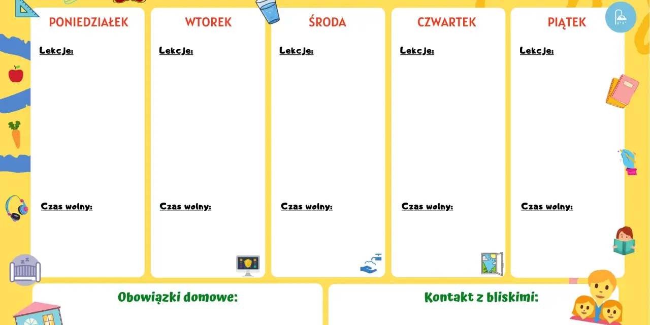 Przykładowy plan dnia dziecka w wieku szkolnym z miejscem na lekcje, czas wolny, obowiązki domowe i kontakt z bliskimi.
