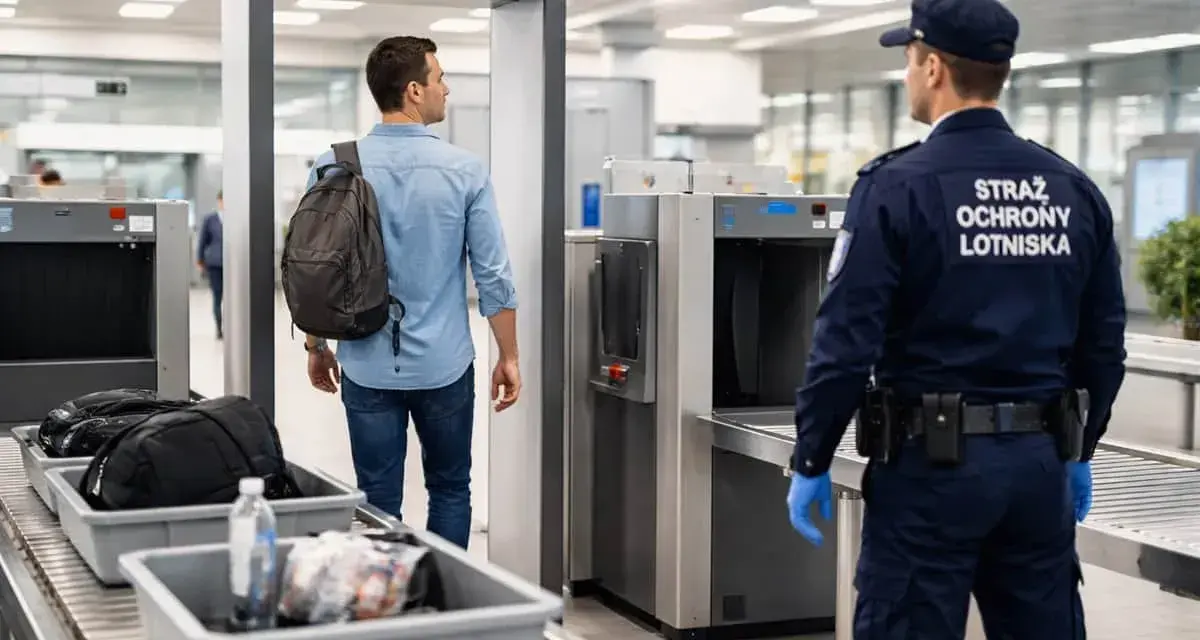 Przejście przez bramki na lotnisku. Mężczyzna z plecakiem idzie do kontroli bezpieczeństwa, a pracownik lotniska w mundurze nadzoruje proces.