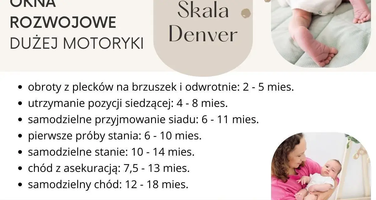 Skala Denver: okna rozwojowe dużej motoryki niemowląt, od obrotów po samodzielny chód.