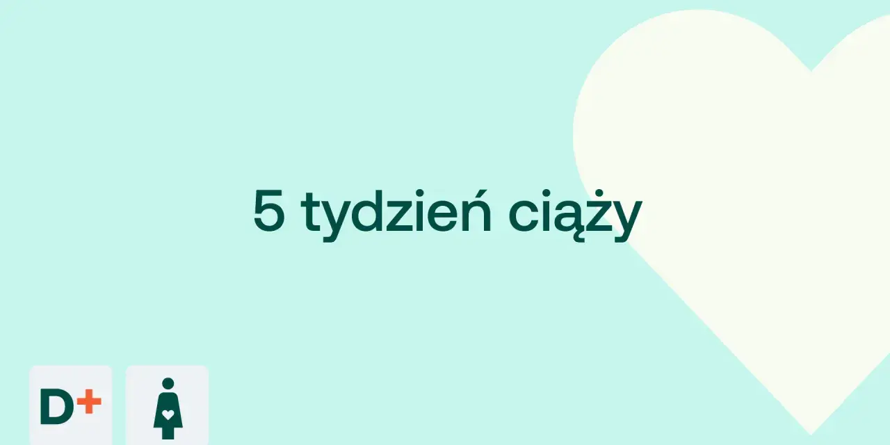 5 tydzień ciąży. Delikatne tło z sercem i ikonami D+ oraz kobiety w ciąży.