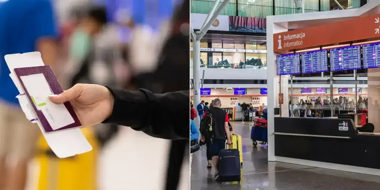 Ręka trzyma paszport i kartę pokładową przed stanowiskiem odprawy paszportowej na lotnisku.