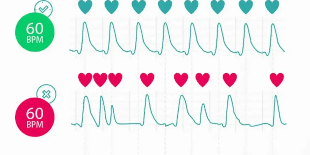 Dwa wykresy EKG z serduszkami. Górny pokazuje 60 BPM z zielonym znacznikiem, dolny 60 BPM z czerwonym. Puls u dziecka może być monitorowany na różne sposoby.