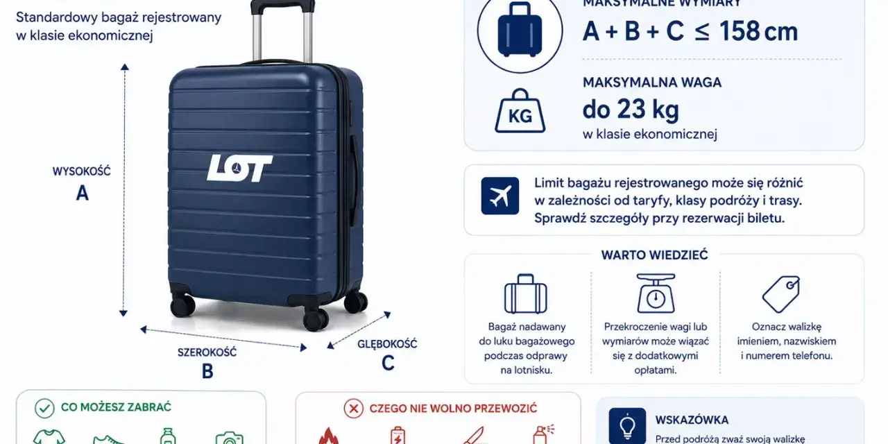 Informacja o limicie bagażu rejestrowanego LOT: 23 kg, wymiary do 158 cm. Czy można wziąć papierosy do samolotu? Sprawdź zasady przewozu.