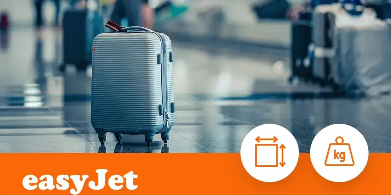 Szary walizka na kółkach, idealna jako easyJet bagaż podręczny. Obok ikony wymiarów i wagi.