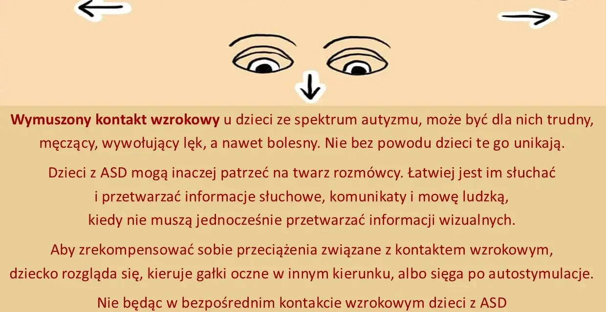 Ilustracja pokazuje oczy, które unikają kontaktu wzrokowego. Dzieci z ASD często odczuwają ulotny kontakt wzrokowy jako trudny.