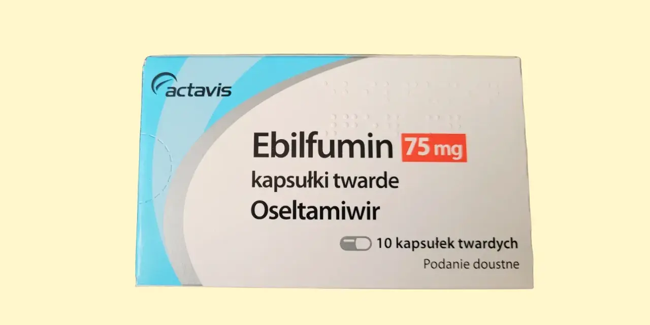 Opakowanie leku Ebilfumin 75 mg, zawierającego oseltamiwir dla dzieci. 10 kapsułek twardych do podania doustnego.