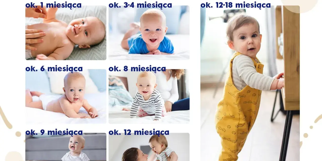 Kalendarz skoków rozwojowych dziecka: niemowlęta od 1 miesiąca do 1,5 roku życia, pokazujące ich rozwój.