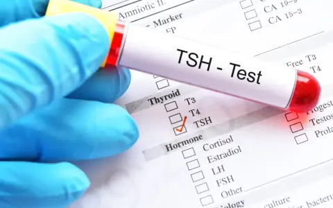 Ręka w niebieskiej rękawiczce trzyma probówkę z napisem "TSH - Test". Na papierze zaznaczono TSH, co może oznaczać badanie w ciąży.
