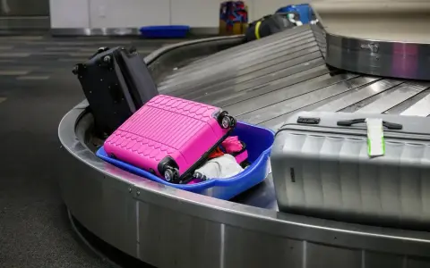 Różowa walizka wypadła z niebieskiego pojemnika, leżąc na taśmie bagażowej lotniska. Obok stoi szara walizka.