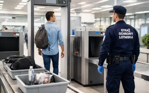 Na lotnisku mężczyzna z plecakiem przechodzi kontrolę bezpieczeństwa. W tacce leżą przedmioty, w tym butelka wody i potencjalnie **nożyczki w bagażu podręcznym**, które mogą wzbudzić zainteresowanie ochrony.