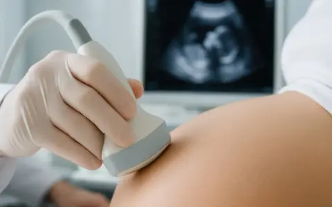 Ginekolog wykonuje USG brzucha, pokazując obraz płodu na ekranie. To ważny moment, być może właśnie 6 tydzień ciąży.