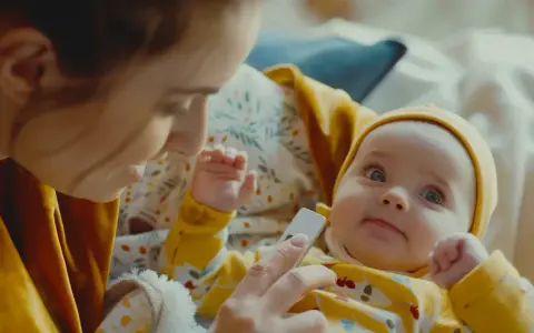 Mama sprawdza, czy niemowlaka nie dopadła gorączka. Dziecko w żółtym ubranku patrzy z zaciekawieniem na termometr.