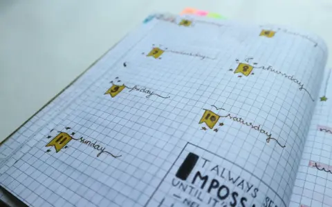 Urocze bullet journal inspiracje: dni tygodnia z flagami i cytat "Always seen impossible until it's done".