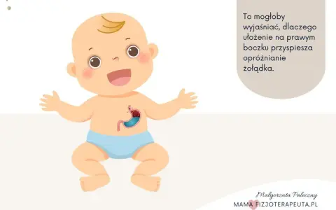 Uśmiechnięte niemowlę z widocznym żołądkiem. Tekst sugeruje, że ułożenie na prawym boczku może pomóc przy refluksie utajonym u niemowląt objawy.