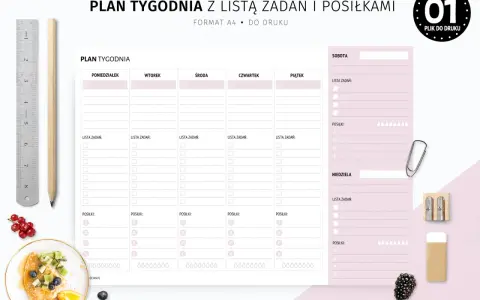 Plan tygodnia z miejscem na zadania i posiłki, idealny do stworzenia listy zakupów spożywczych na tydzień.