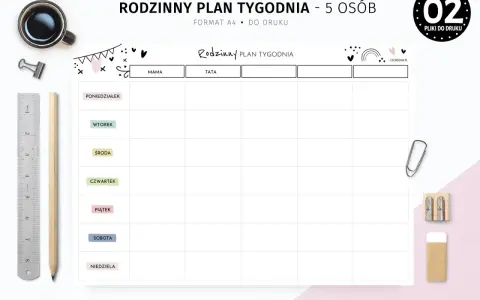 Rodzinny planer tygodniowy dla 5 osób, idealny do organizacji czasu całej rodziny. Na białym tle z kolorowymi akcentami.