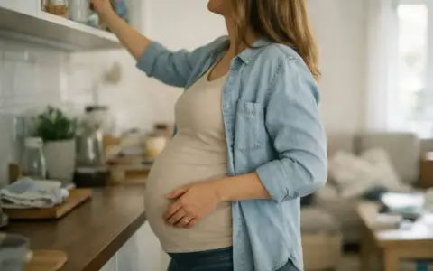 Ciężarna kobieta sięga po coś z górnej półki. Podnoszenie rąk w ciąży bywa wyzwaniem, ale mama daje radę!