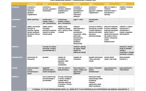 Przykładowy plan posiłków na tydzień: owsianka, makaron, sałatki, ryby i mięso.