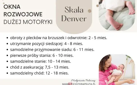 Skala Denver: okna rozwojowe dużej motoryki niemowląt, od obrotów po samodzielny chód.
