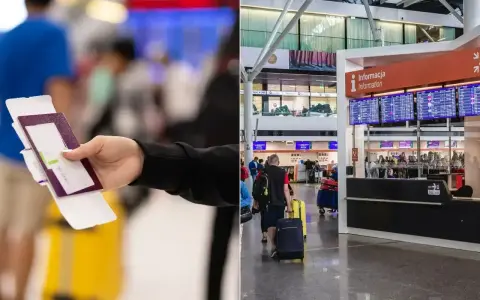 Ręka trzyma paszport i kartę pokładową przed stanowiskiem odprawy paszportowej na lotnisku.