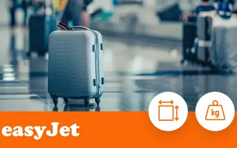 Szary walizka na kółkach, idealna jako easyJet bagaż podręczny. Obok ikony wymiarów i wagi.
