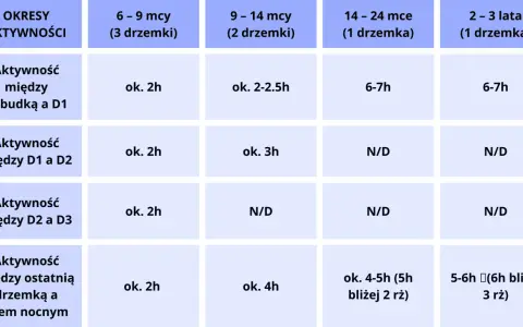 Tabela okna aktywności pokazuje, jak długo dziecko jest aktywne między drzemkami w zależności od wieku i liczby drzemek.