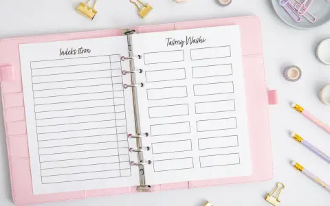 Różowy planer z listą indeksu stron i tabelą na taśmy washi. Idealny, by zacząć przygodę z bullet journal.