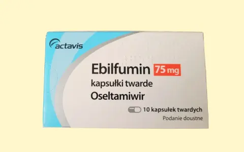Opakowanie leku Ebilfumin 75 mg, zawierającego oseltamiwir dla dzieci. 10 kapsułek twardych do podania doustnego.
