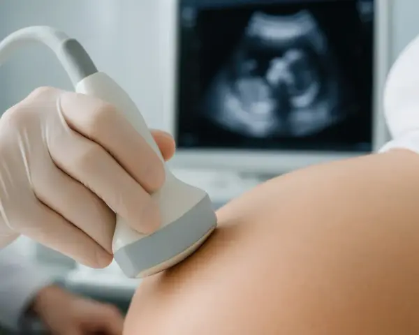 Ginekolog wykonuje USG brzucha, pokazując obraz płodu na ekranie. To ważny moment, być może właśnie 6 tydzień ciąży.