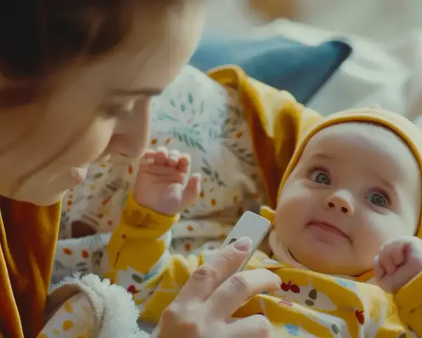 Mama sprawdza, czy niemowlaka nie dopadła gorączka. Dziecko w żółtym ubranku patrzy z zaciekawieniem na termometr.