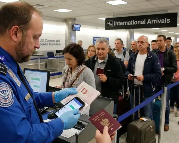 Kolejka do odprawy celnej na lotnisku. Agent TSA sprawdza dokumenty podróżnych.