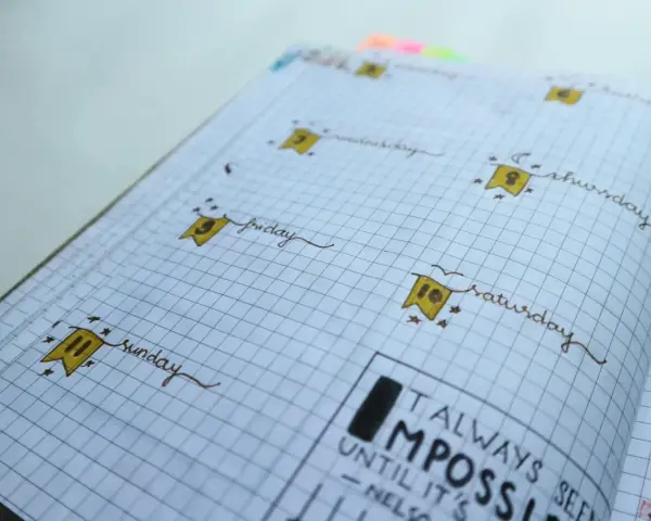 Urocze bullet journal inspiracje: dni tygodnia z flagami i cytat "Always seen impossible until it's done".