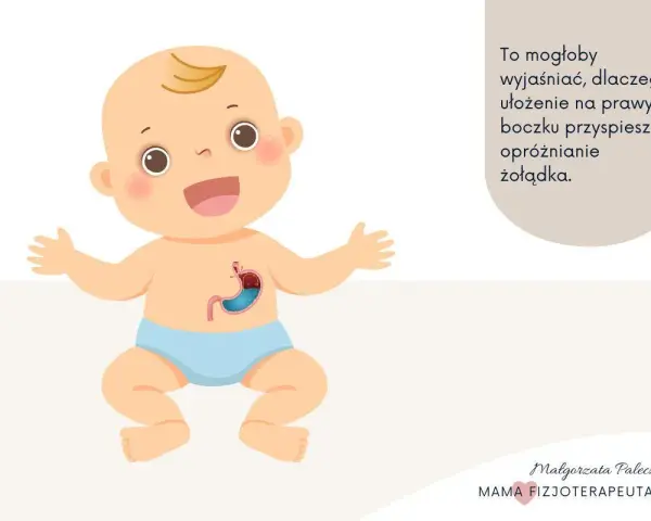 Uśmiechnięte niemowlę z widocznym żołądkiem. Tekst sugeruje, że ułożenie na prawym boczku może pomóc przy refluksie utajonym u niemowląt objawy.