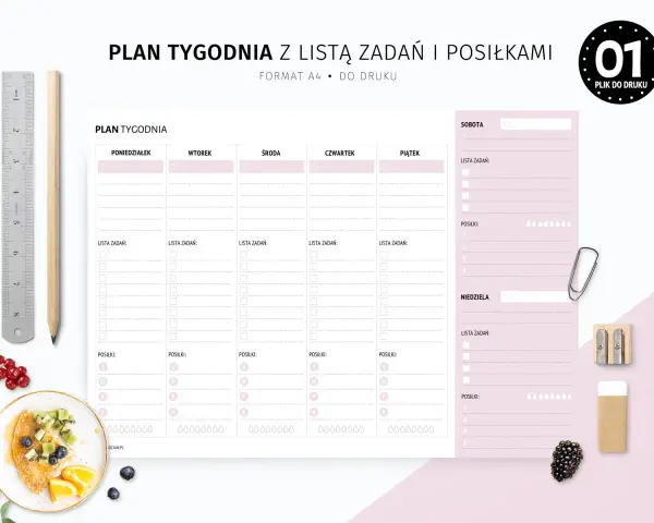 Plan tygodnia z miejscem na zadania i posiłki, idealny do stworzenia listy zakupów spożywczych na tydzień.