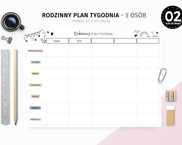 Rodzinny planer tygodniowy dla 5 osób, idealny do organizacji czasu całej rodziny. Na białym tle z kolorowymi akcentami.