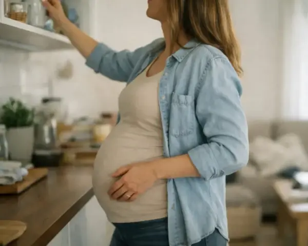 Ciężarna kobieta sięga po coś z górnej półki. Podnoszenie rąk w ciąży bywa wyzwaniem, ale mama daje radę!