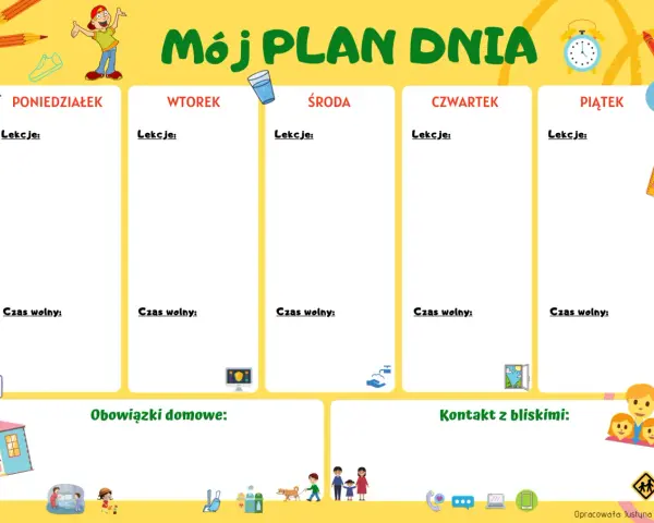 Przykładowy plan dnia dziecka w wieku szkolnym z miejscem na lekcje, czas wolny, obowiązki domowe i kontakt z bliskimi.
