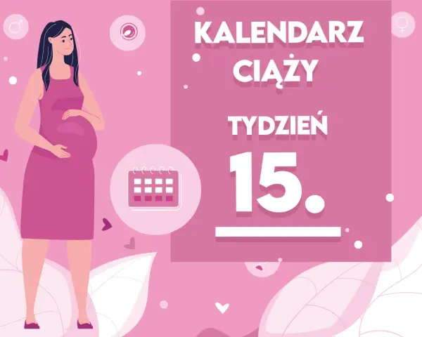 Kobieta w 15. tygodniu ciąży, z brzuszkiem. Obok kalendarz i napis "Kaledarz ciąży tydzień 15".